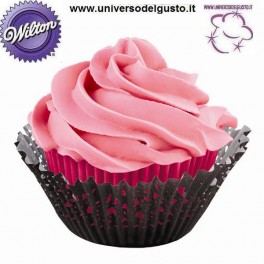 NOVITA' KIT 24 PIROTTINI MUFFIN + 24 WRAPPER CENTRINO PIZZO Wilton - ROSA / NERO