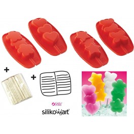 KIT 12 STAMPI SILICONE A FORMA DI FIORI CUORI STELLE FARFALLE ROSSI PER GHIACCIOLI + 50 BASTONCINI + RICETTARIO di SILIKOMART KIT 12 STAMPI SILICONE A FORMA DI FIORI CUORI STELLE FARFALLE ROSSI PER GHIACCIOLI + 50 BASTONCINI + RICETTARIO di SILIKOMART